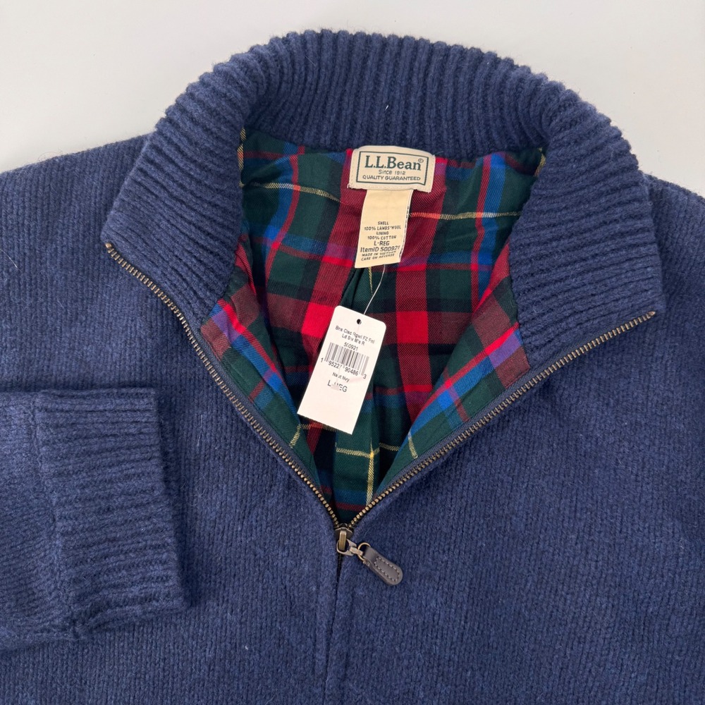 L.L. Bean Sweater Mens Large Navy Blue Lambswool Flannel Lined Full Zip 500921